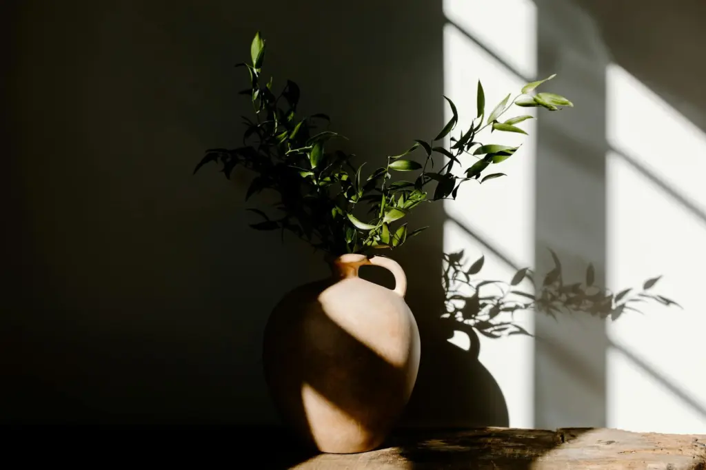 A minimalist-style ceramic vase adorned with lush green foliage casting elegant shadows.