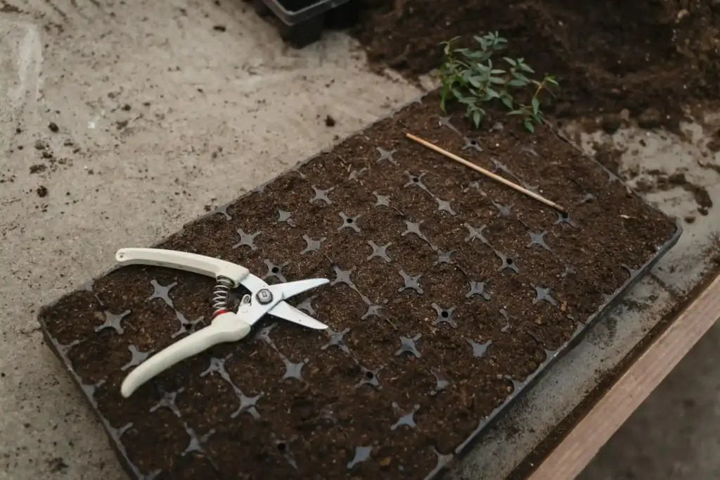 Close-up of gardening tools next to a soil filled seedling tray ready for planting.