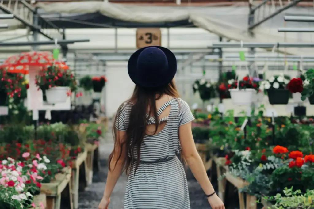 A woman browsing colorful plants in a charming greenhouse, wearing a hat.
