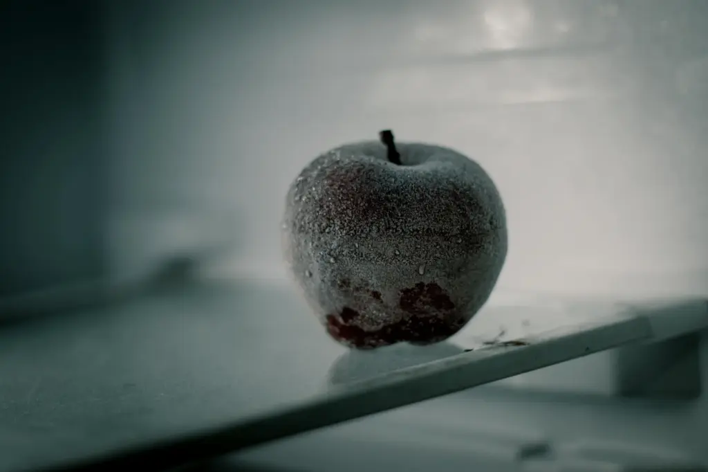 Close-up of a frosted apple inside a refrigerator illustrating cold storage.