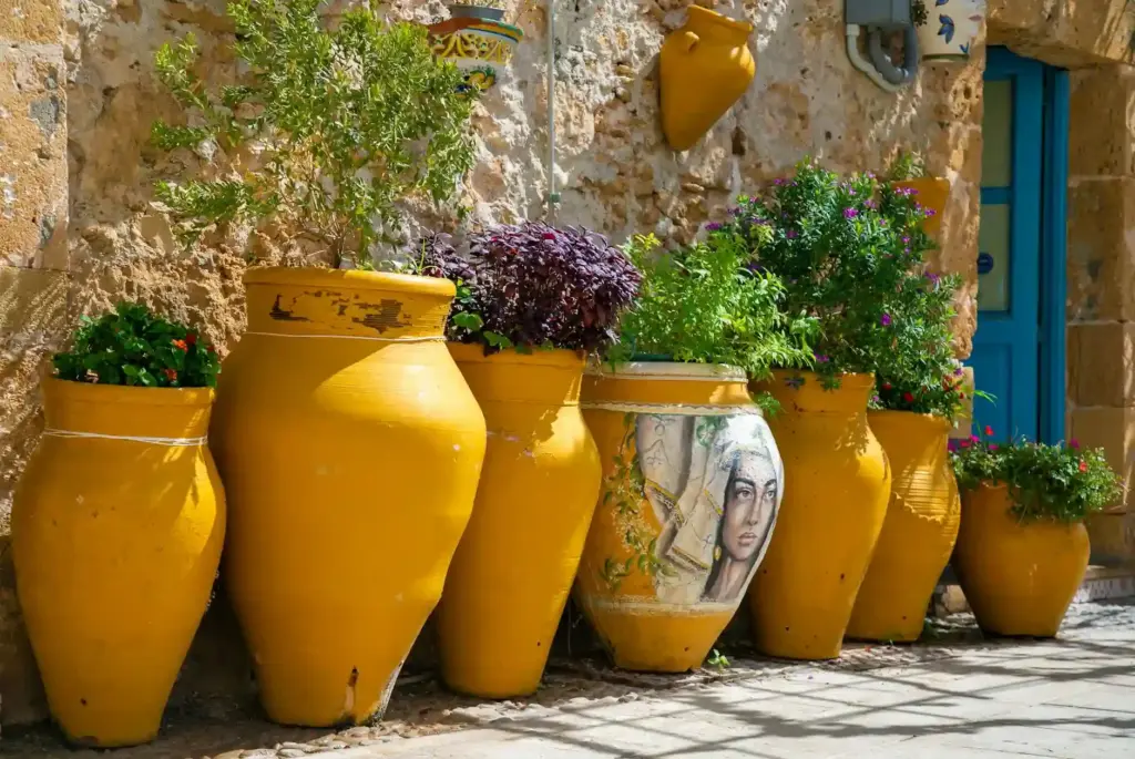 Vibrant terracotta pots with plants against a rustic wall in Marzamemi, Sicily.