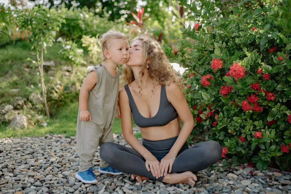 A mother and her child share a loving moment in a garden setting, emphasizing nature and wellness.