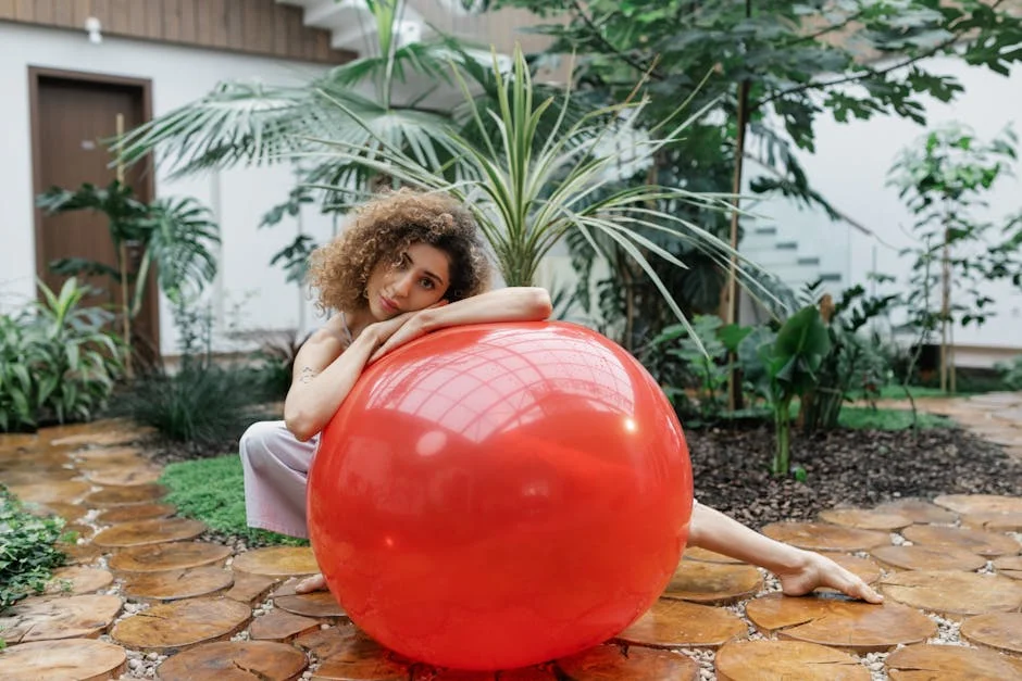 A woman with curly hair is relaxing in a lush indoor garden, leaning on a red exercise ball.