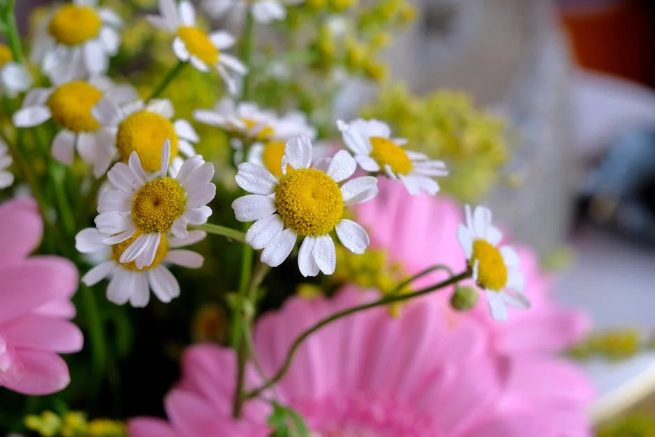 Close-up of fresh chamomile and daisy flowers with raindrops on petals, vibrant and lively arrangement.