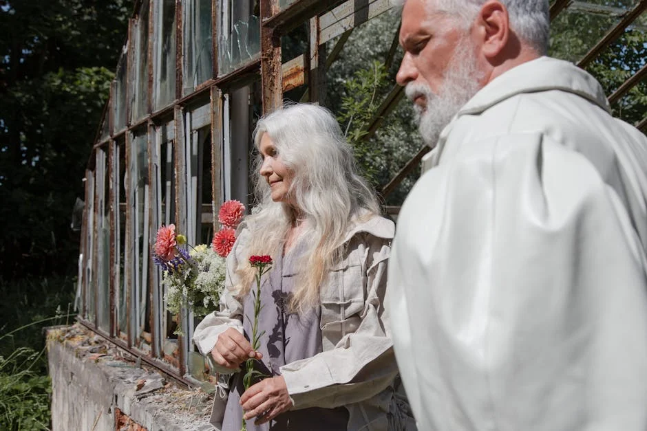 Elderly couple with gray hair enjoying a calm moment outdoors by a rustic greenhouse.