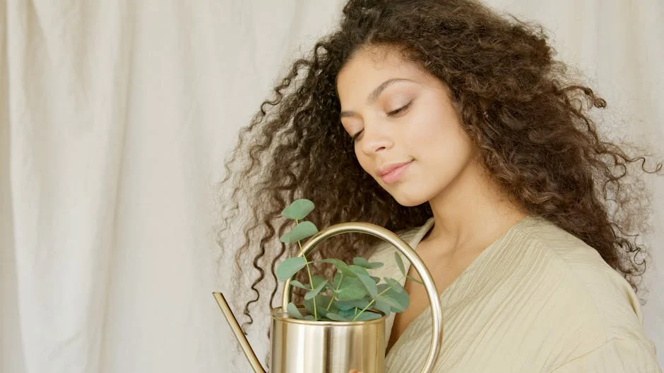 A serene woman with curly hair holds a golden watering can containing a plant.