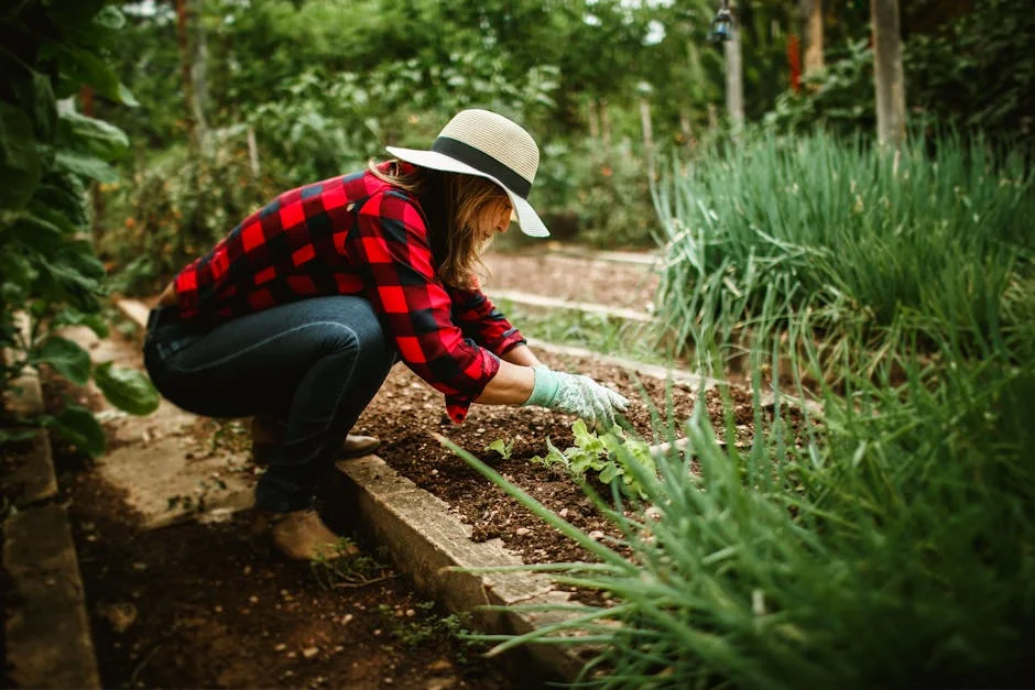A woman in a hat and plaid shirt gardening outdoors in a lush vegetable patch.