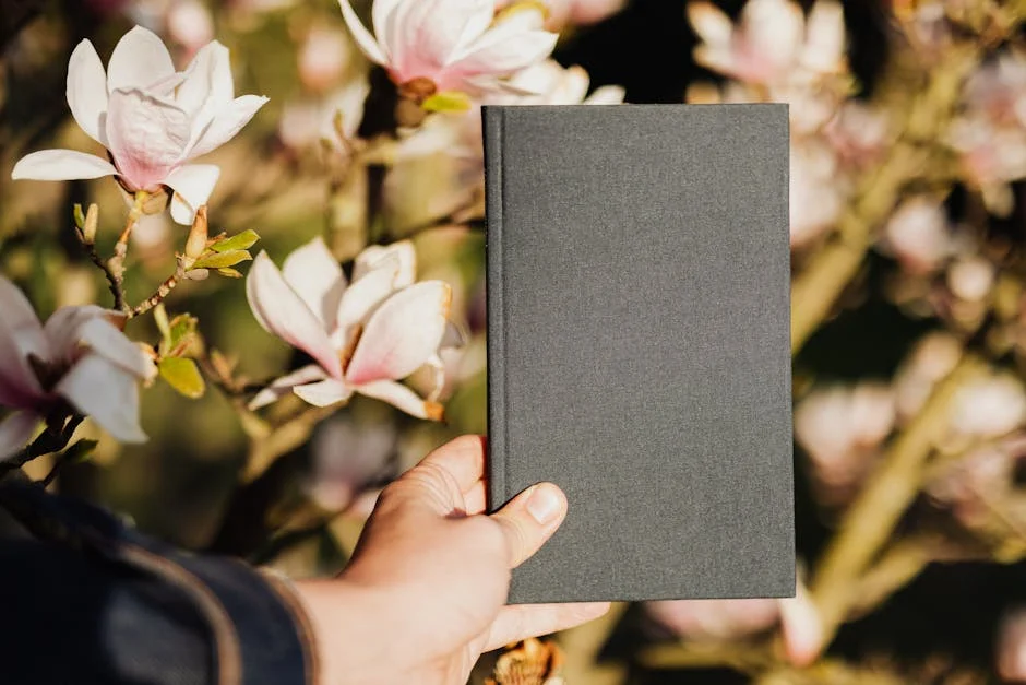Crop faceless person holding closed book against blooming magnolia flowers background on sunny weather