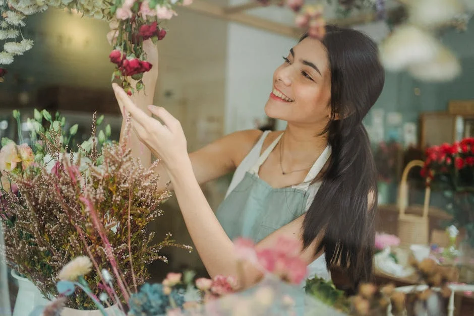 Young smiling dark haired female florist in apron arranging flowers while working in floral shop