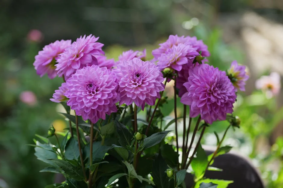 Captured in a sunlit garden, these purple dahlias epitomize natural beauty with their lush blossoms and vibrant petals.