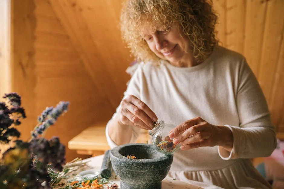 Mature woman in white dress grinding dried flowers using a mortar and pestle indoors.