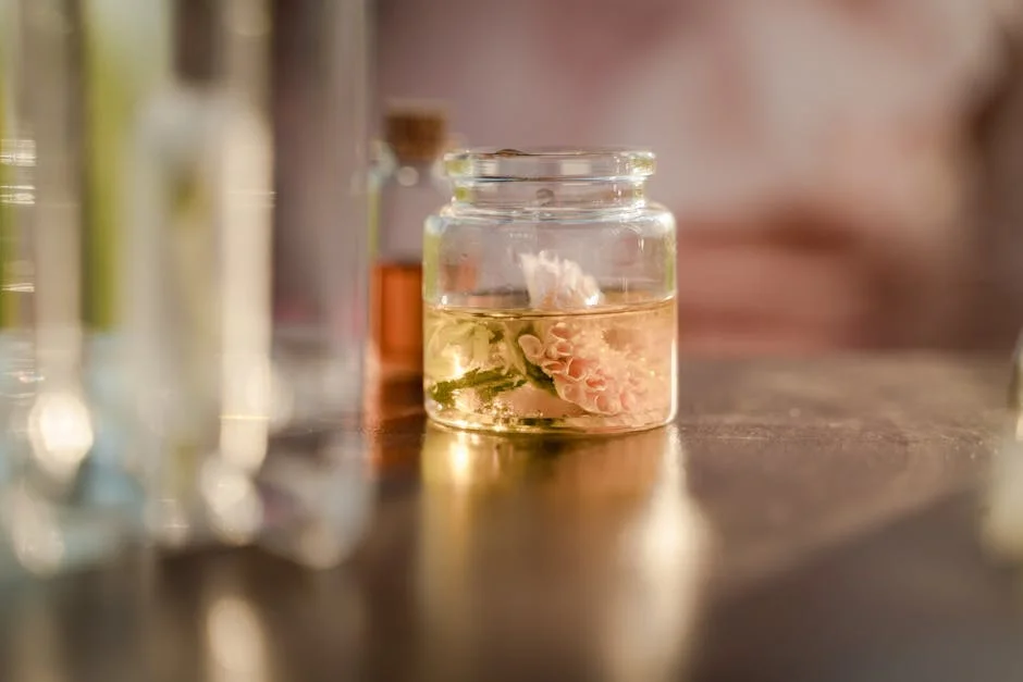 Close-up of a delicate flower submerged in a glass jar filled with liquid, on a table.