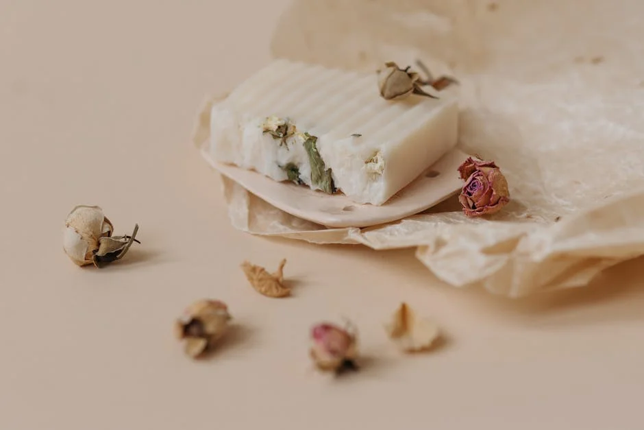 Close-up of artisanal soap with dried flowers on wax paper, eco-friendly product