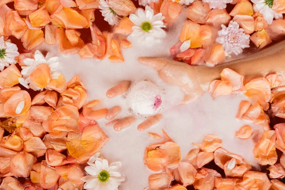 Relaxing bath scene with colorful petals and foam, ideal for wellness and spa themes.