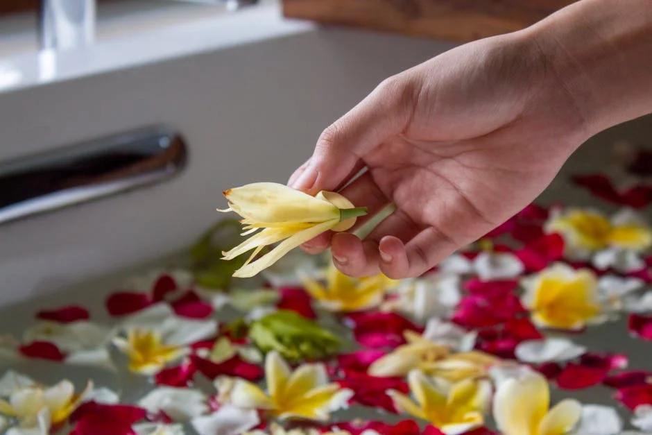 Elegant hand holding a flower over a bath filled with petals in Bali spa setting, exuding tranquility.