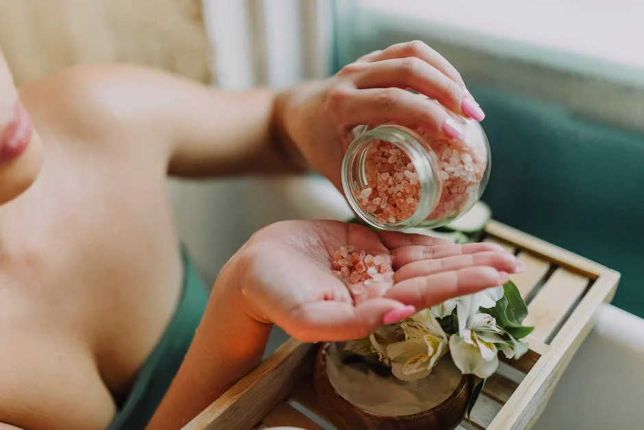 Close-up of hands pouring pink bath salt with flowers in a relaxing spa setting.