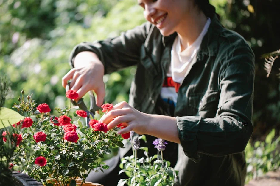A smiling woman tends to roses in a vibrant, sunlit garden, showcasing horticultural care.