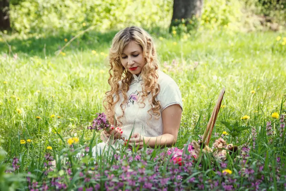 A woman in a dress sits among blooming flowers in a sunlit grassy meadow, enjoying a serene spring day.