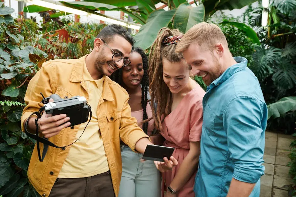 Group of diverse friends laughing and sharing Polaroid photos in a lush outdoor garden.