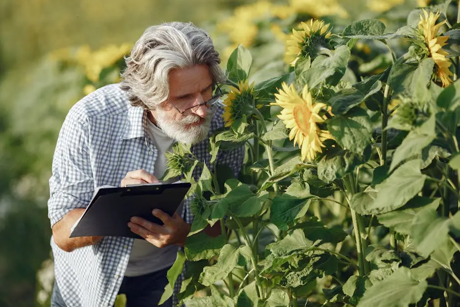 A senior man with gray hair examines sunflowers and takes notes in a sunny outdoor field.
