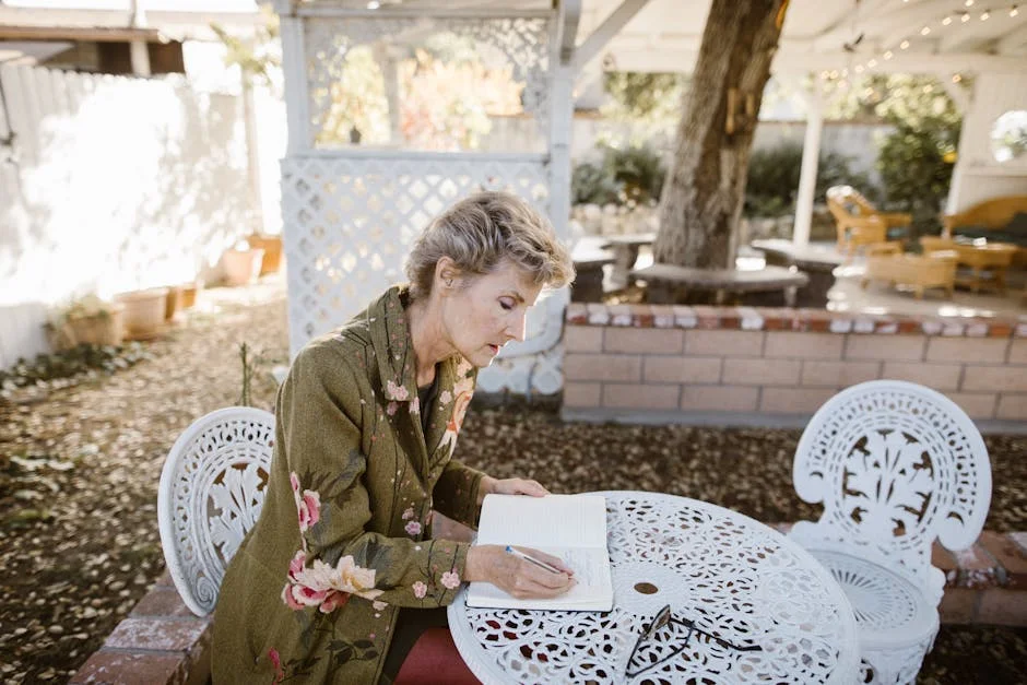Senior woman writing in a notebook at a garden table, surrounded by nature. Peaceful outdoor scene.