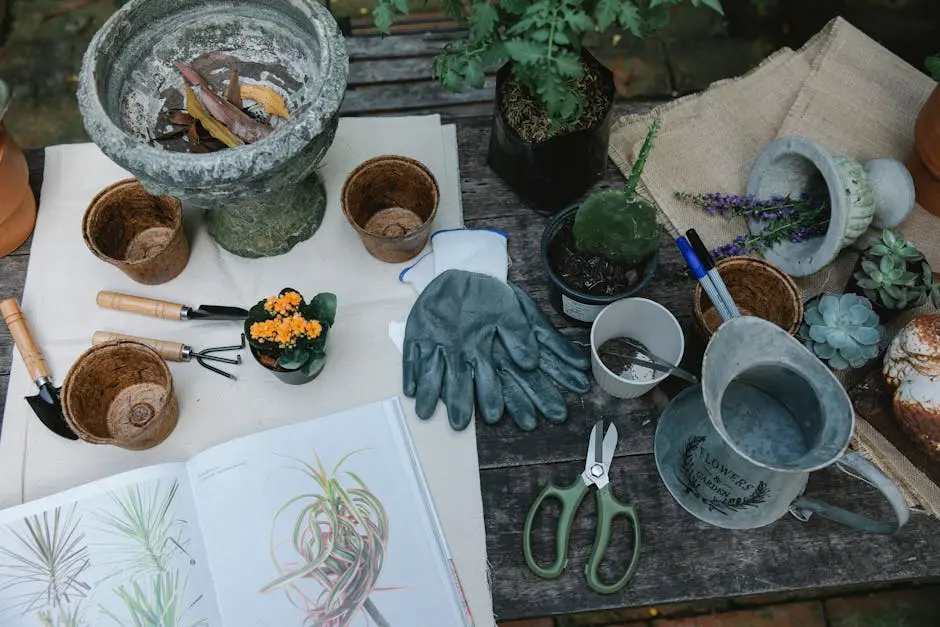 From above of shovel hoe and rake for gardening placed near pots and succulents with opened book