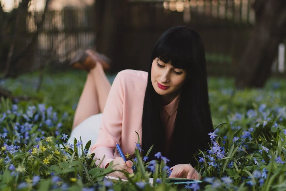 A woman writing in a journal while lying in a field of purple and yellow flowers outdoors.