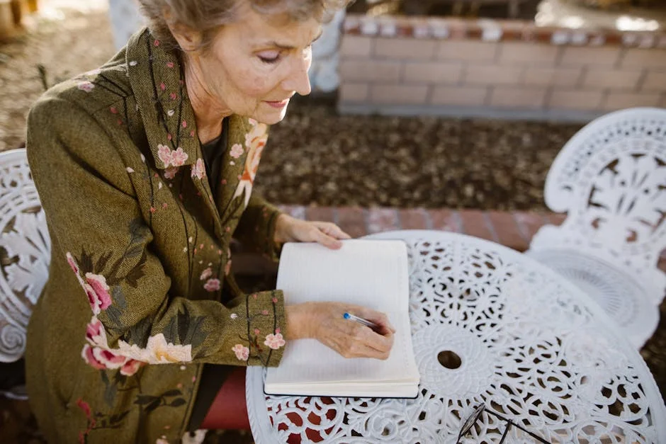 Senior woman sitting outdoors writing in a notebook, enjoying a peaceful garden setting.