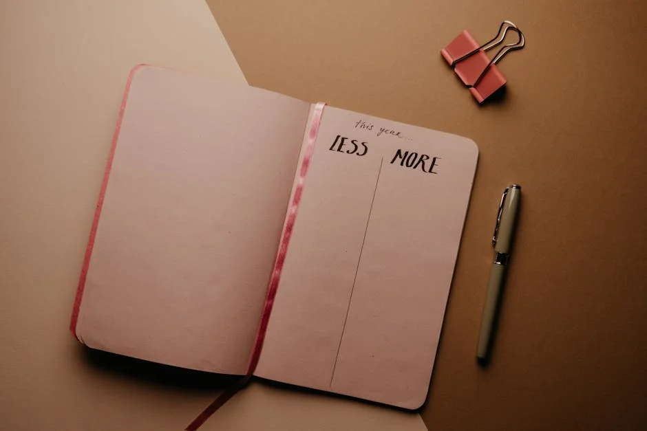 Open notebook for setting New Year resolutions with a pen on a brown background.