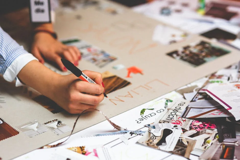 Close-up of a person writing and crafting at a cluttered desk workspace.