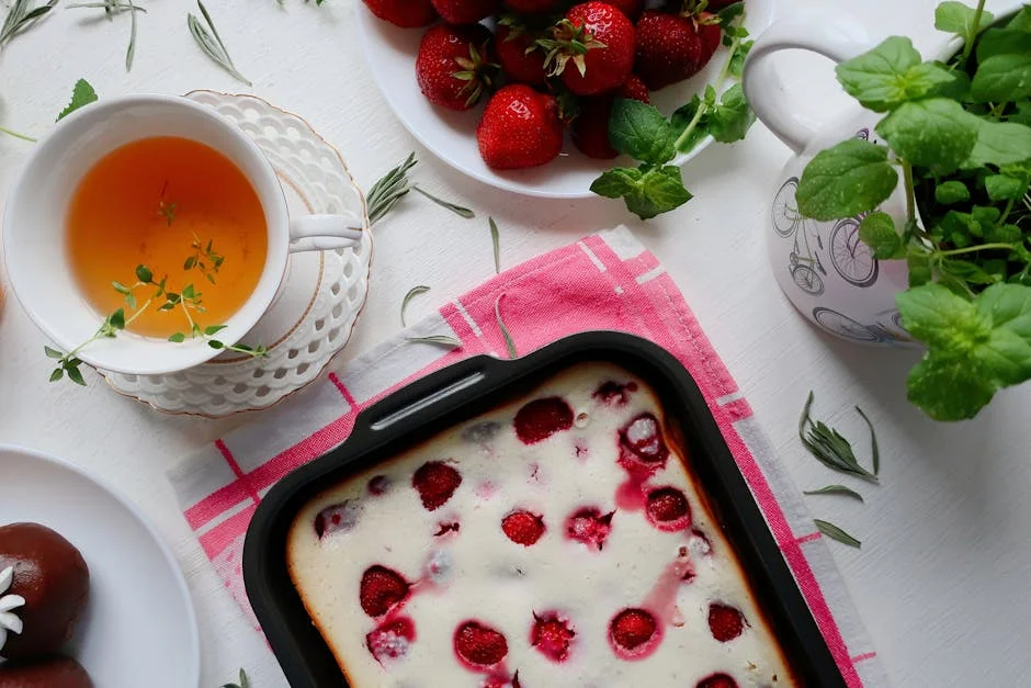 Delicious berry cake paired with herbal tea and fresh strawberries, creating a delightful tea-time setup.