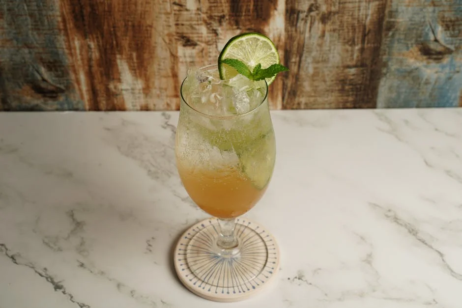 A refreshing iced drink with lime and mint, served on a marble table. Perfect for cooling down.