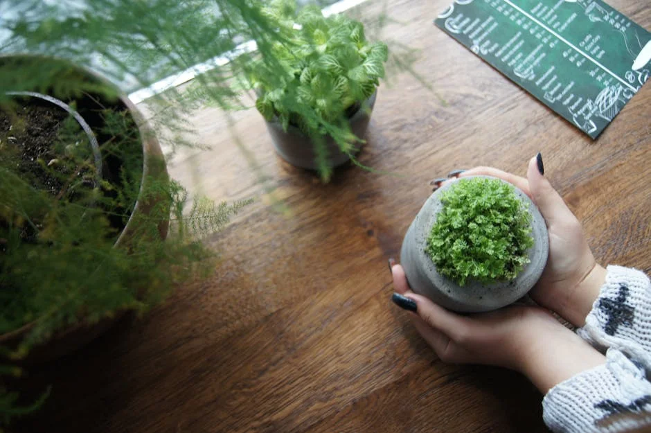 From above crop female in warm sweater with print look after green pot plants on windowsill in cafe