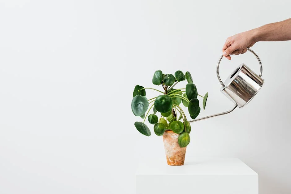 A hand waters a Chinese Money Plant in a clay pot with a metal watering can on a white background.