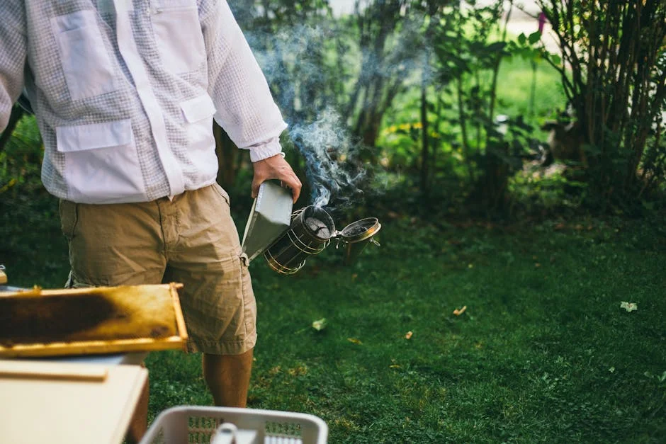 Beekeeper in protective clothing using a smoker in a bright, green garden setting.