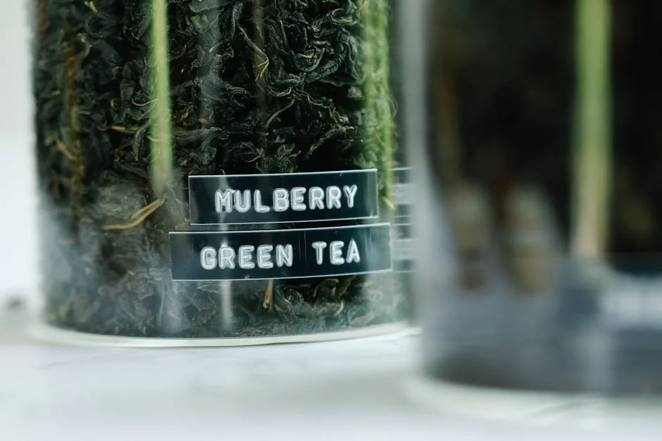Detailed view of dried mulberry green tea leaves in a labeled glass jar.