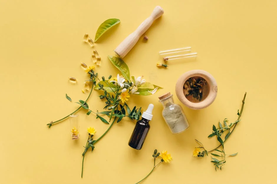 A flat lay of herbal medicines and plants on a yellow background for natural healing.