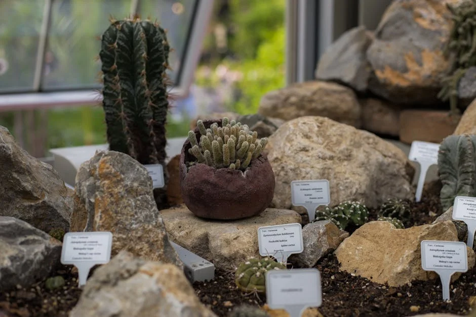 Close-up of various cacti in a botanical garden with name tags and stones.