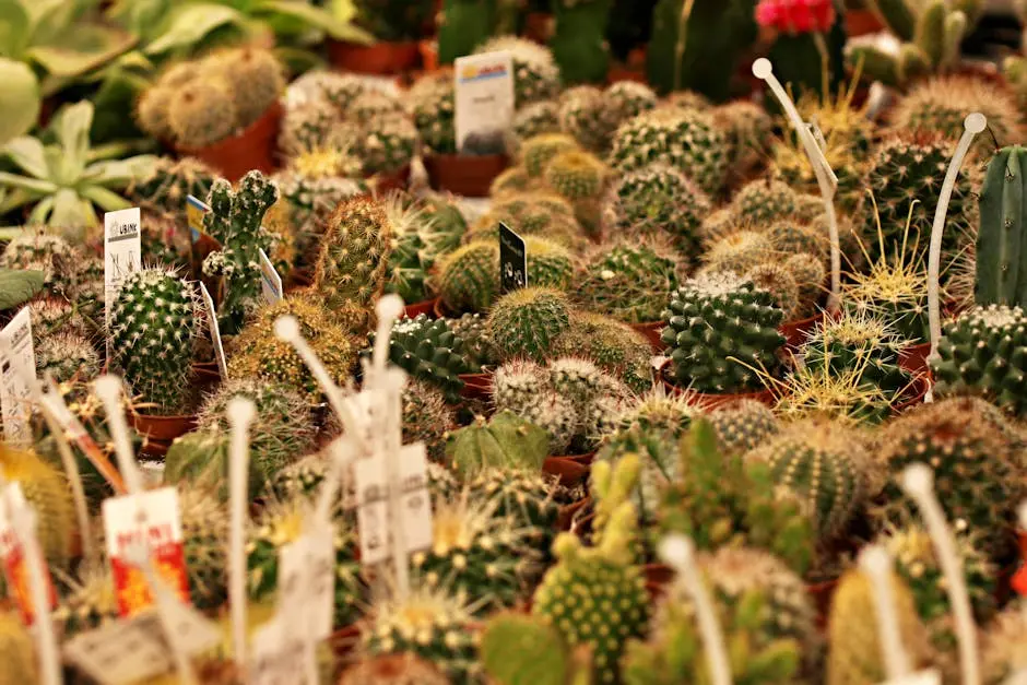 A vibrant assortment of various potted cactus plants arranged closely together, showcasing natural beauty.