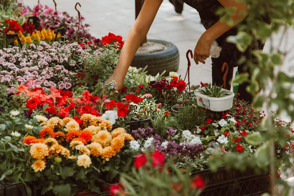 Vibrant flower stall with diverse blooms on a bustling city street. Perfect for nature and urban themes.