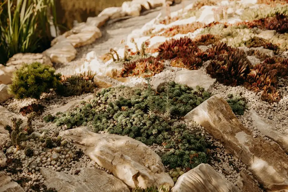 A serene rock garden featuring diverse succulents under warm sunlight.
