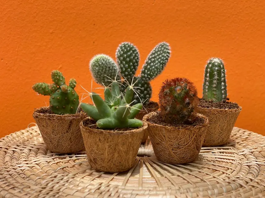 Colorful potted cacti with spiky textures arranged in front of a bright orange background.