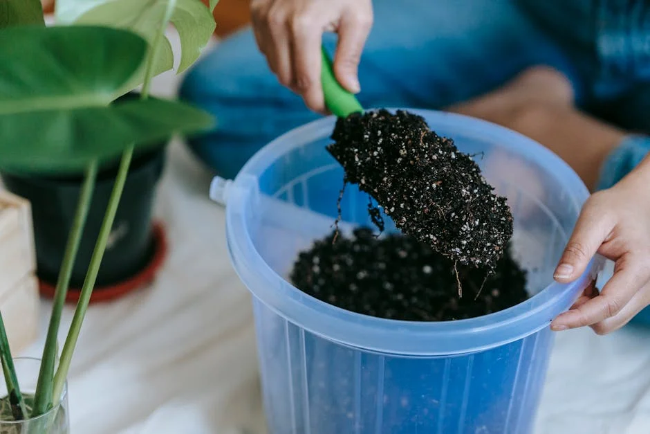 Hands holding a trowel with soil, preparing for indoor plant care.