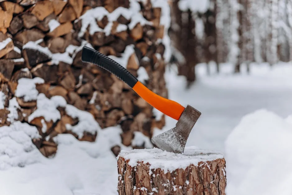 An axe stuck in a snowy tree stump with a woodpile background, embodying winter preparedness.