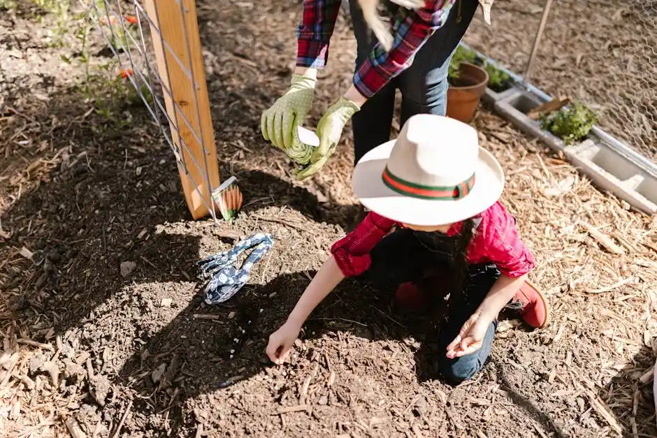 A child and adult working together in a sunlit garden, planting seeds.