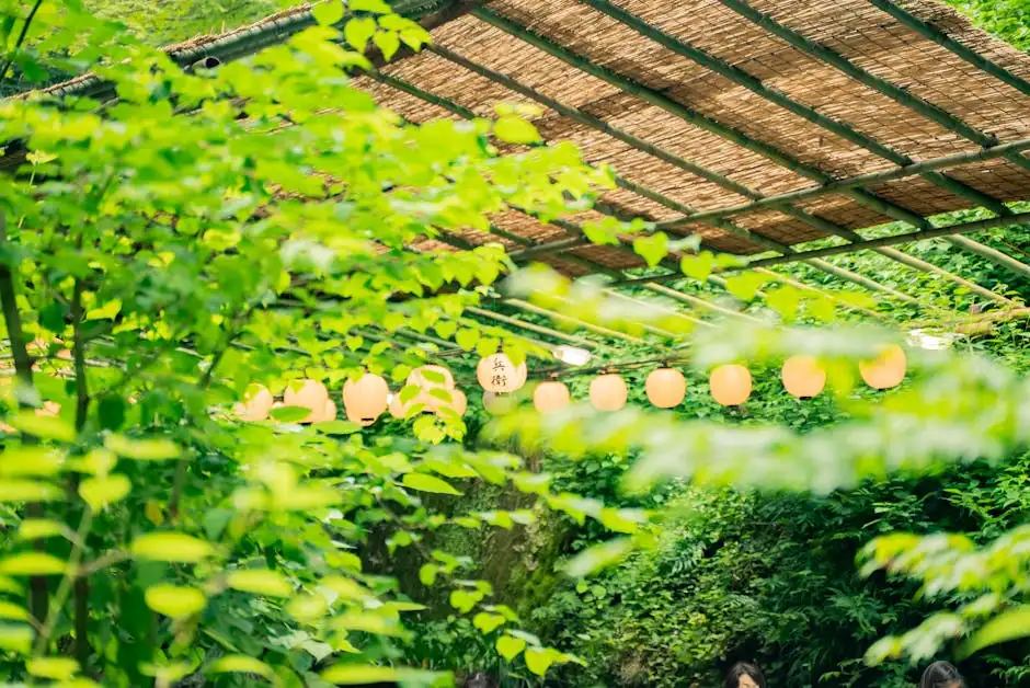 Peaceful garden view with green leaves and decorative lanterns hanging overhead.
