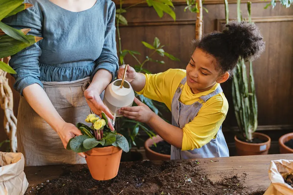 A child and adult watering plants together in an indoor garden setting, promoting bonding and nature.