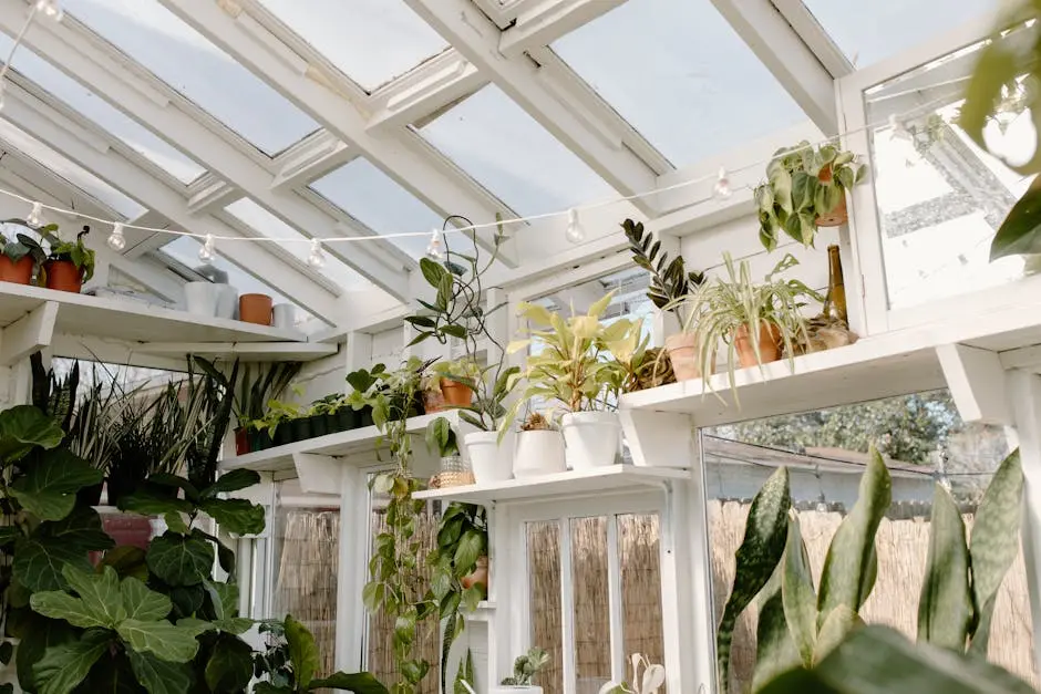 A bright and spacious indoor greenhouse filled with various potted plants on shelves.