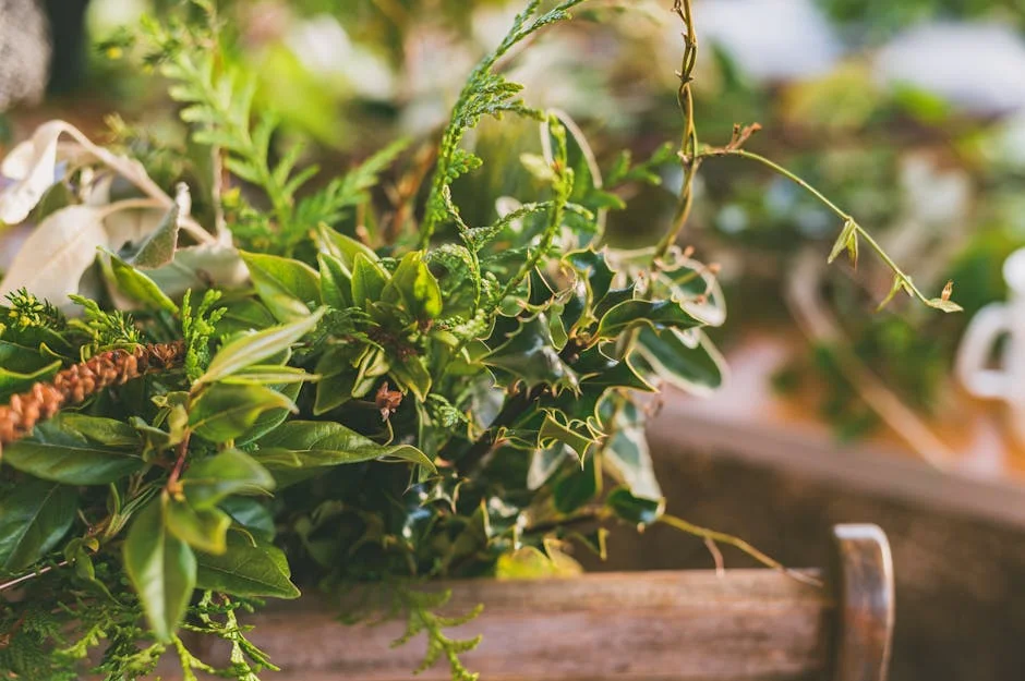 Close-up of lush greenery and foliage, ideal for winter wreaths and crafts.