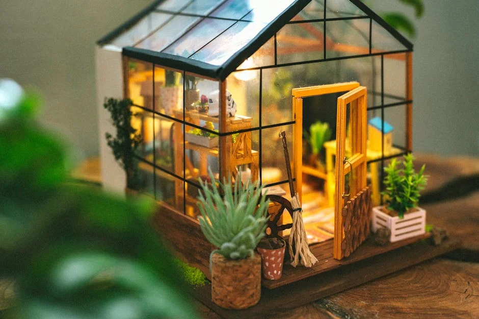 A detailed miniature wooden greenhouse filled with tiny plants, creating a cozy setting.